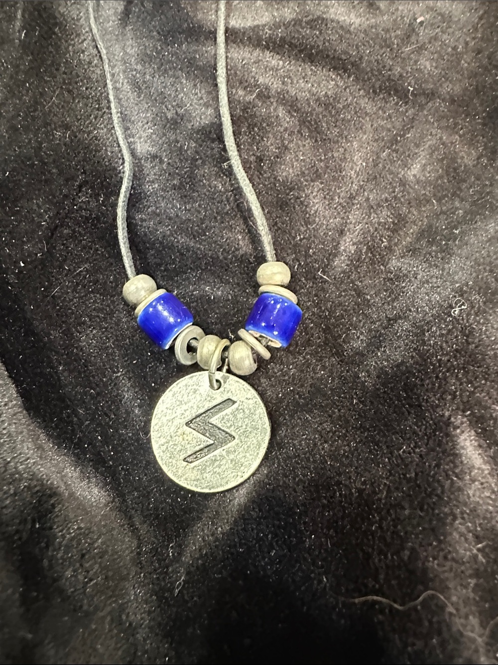 Handmade Blue Bead Cord Necklace with Silver Rune Pendant